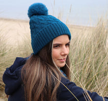 Load image into Gallery viewer, 50% recycled cable knit and faux fur bobble hat
