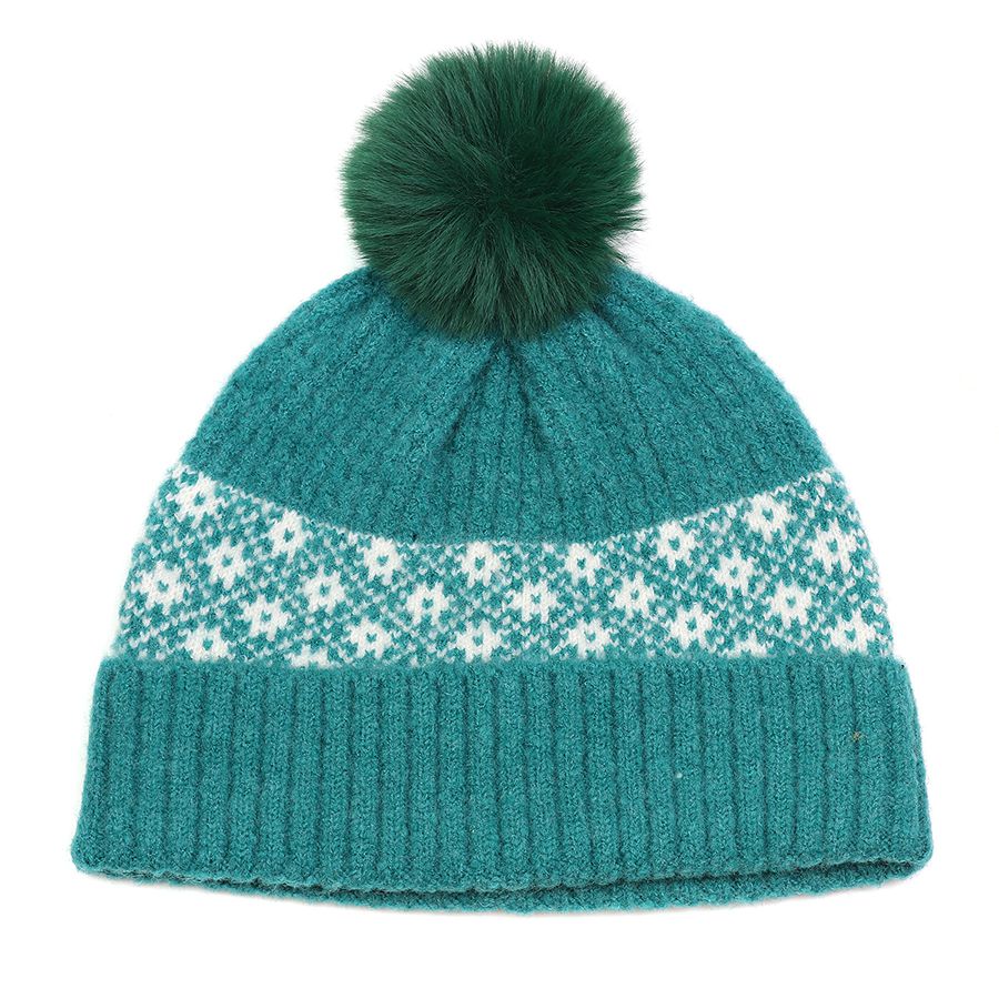 Recycled blend green and white Scandi flower bobble hat