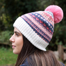 Load image into Gallery viewer, Blue and coral fair isle bobble hat
