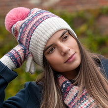 Load image into Gallery viewer, Blue and coral fair isle bobble hat
