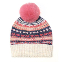 Load image into Gallery viewer, Blue and coral fair isle bobble hat
