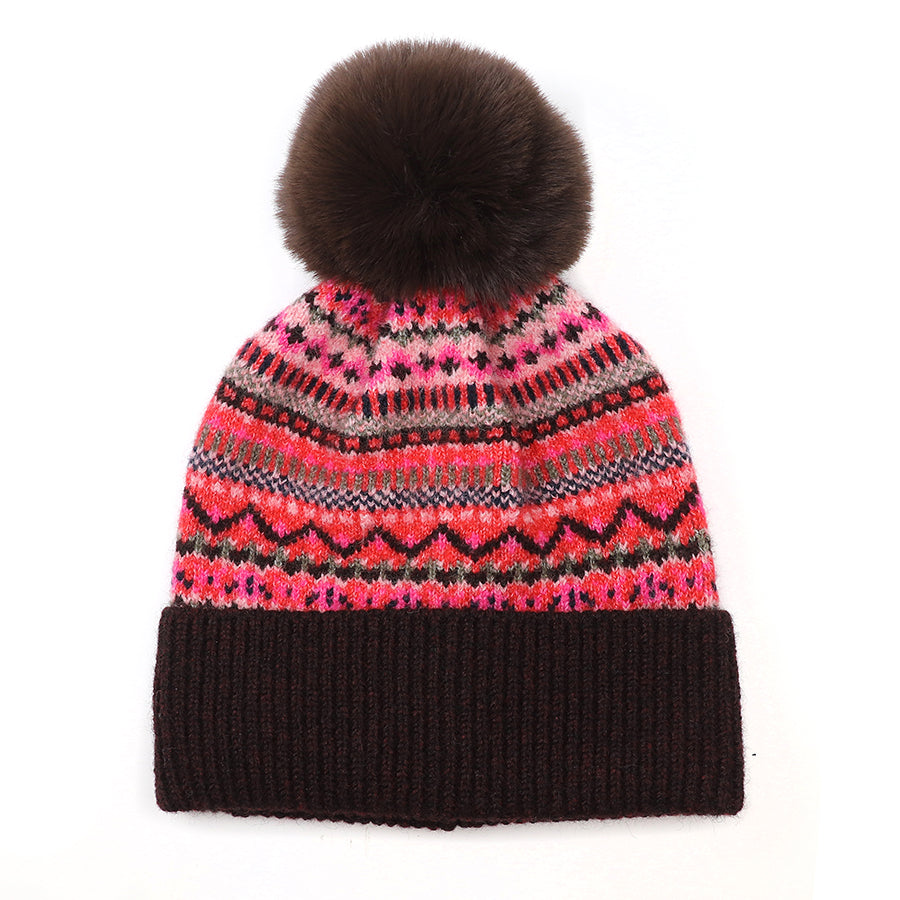 Recycled blend red mix fair isle bobble hat