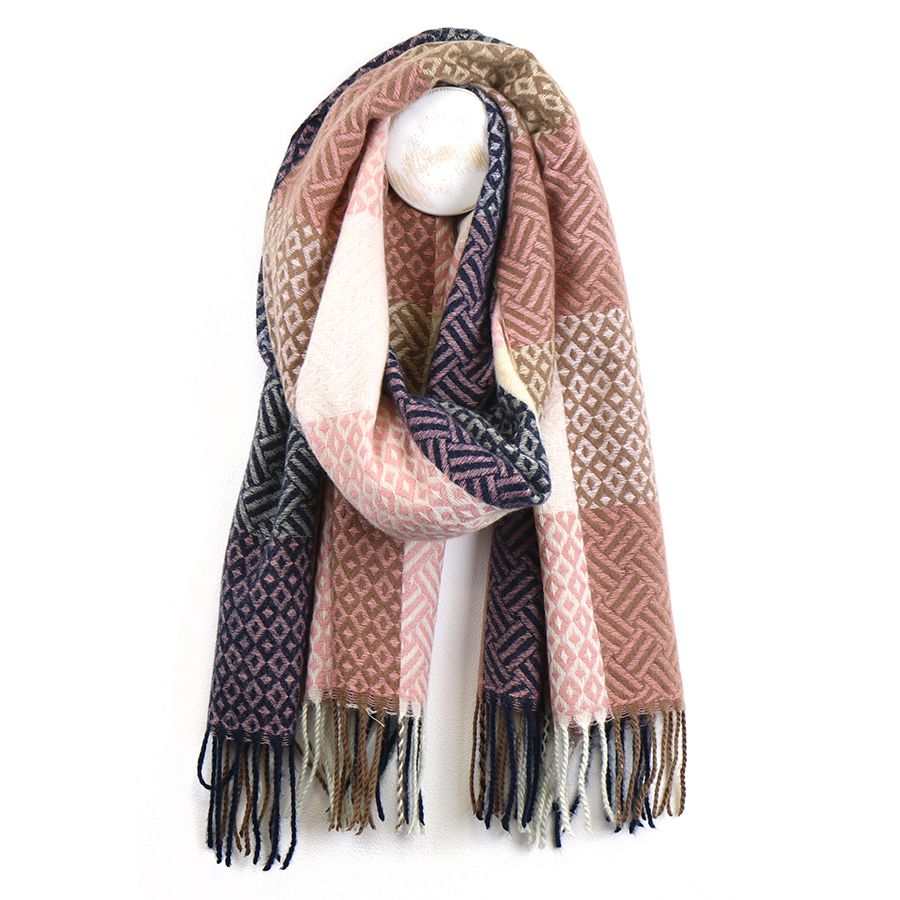 Taupe and pink mix geo tile weave scarf