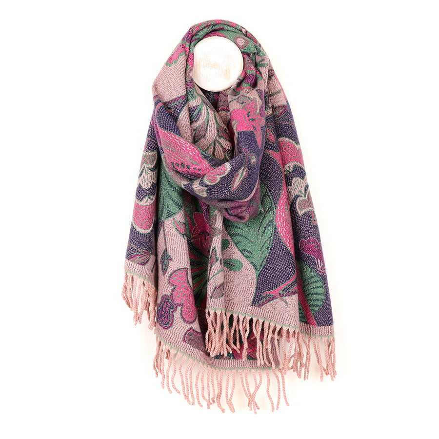 Reversible pink mix garden bird scarf with fringe