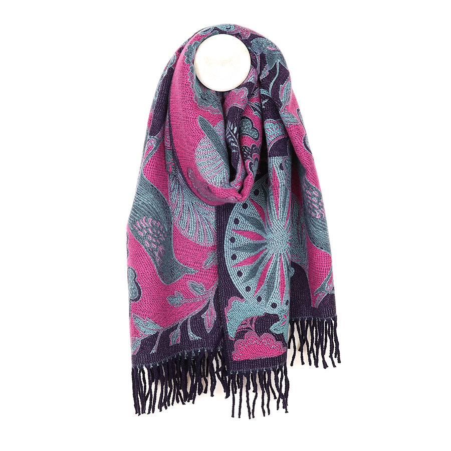 Reversible purple mix garden bird scarf with fringe