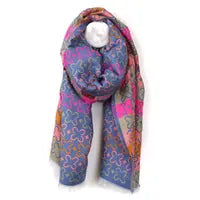 Reversible blue mix geo-flower stripes scarf with fringe