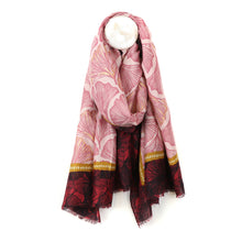 Load image into Gallery viewer, Red and gold mix ginkgo leaf print scarf with border
