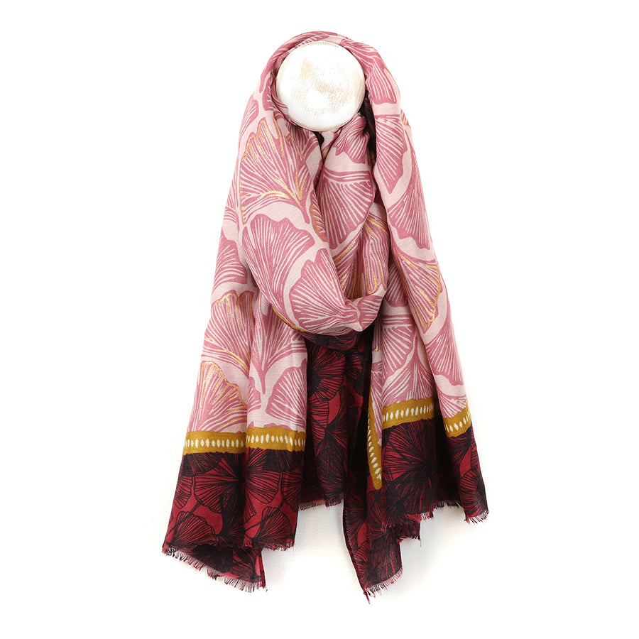 Red and gold mix ginkgo leaf print scarf with border