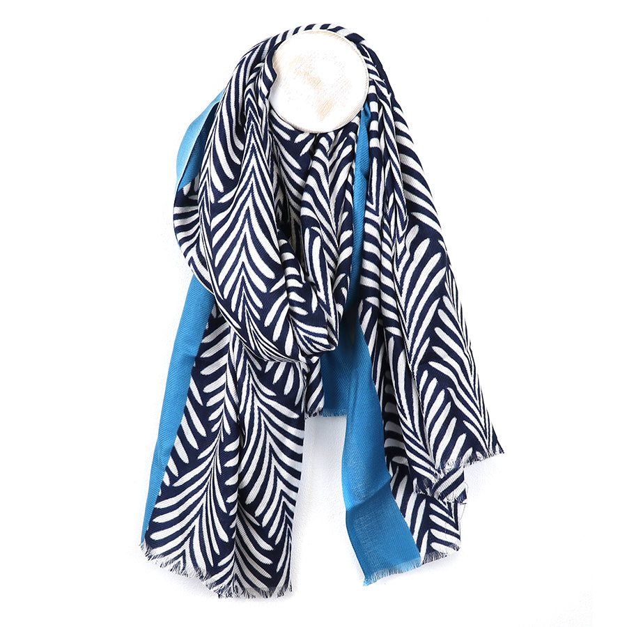Blue border monochrome leaf print scarf