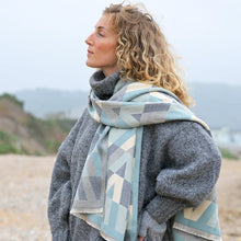 Load image into Gallery viewer, Grey and duck egg mix geo chevron jacquard scarf
