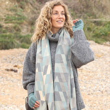 Load image into Gallery viewer, Grey and duck egg mix geo chevron jacquard scarf
