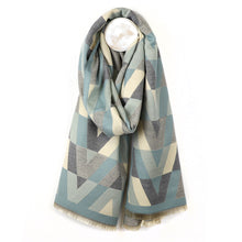Load image into Gallery viewer, Grey and duck egg mix geo chevron jacquard scarf

