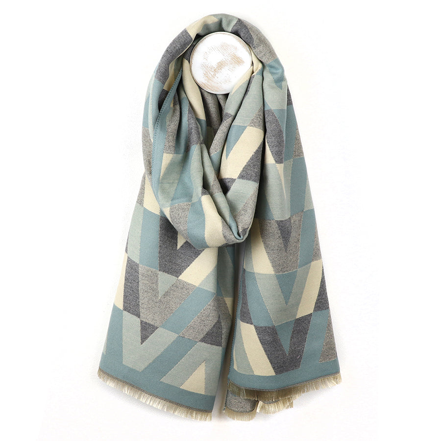 Grey and duck egg mix geo chevron jacquard scarf