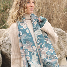 Load image into Gallery viewer, Teal blue crane and floral jacquard scarf
