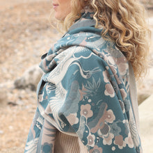Load image into Gallery viewer, Teal blue crane and floral jacquard scarf
