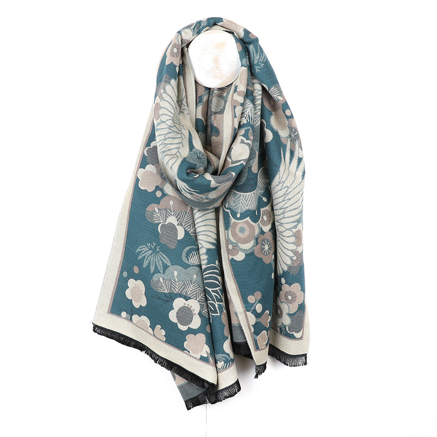 Teal blue crane and floral jacquard scarf