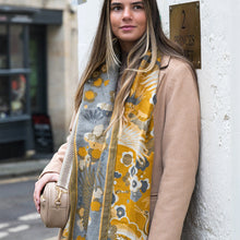 Load image into Gallery viewer, Mustard crane and floral jacquard scarf

