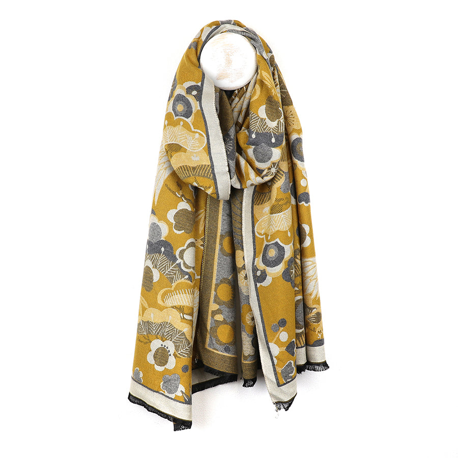 Mustard crane and floral jacquard scarf