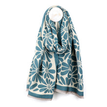 Load image into Gallery viewer, Dusky teal retro daisy jacquard scarf
