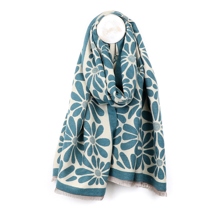 Dusky teal retro daisy jacquard scarf