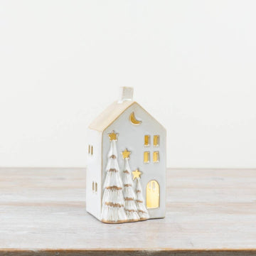 17cm LED Christmas House w/ Gold Trees