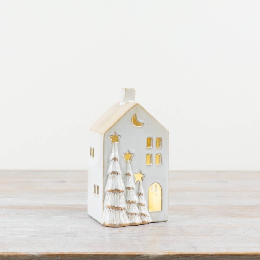 17cm LED Christmas House w/ Gold Trees