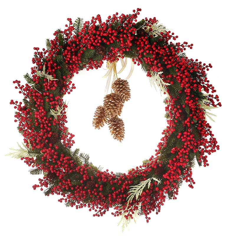 RED BERRY WREATH WITH GOLD PINECONES