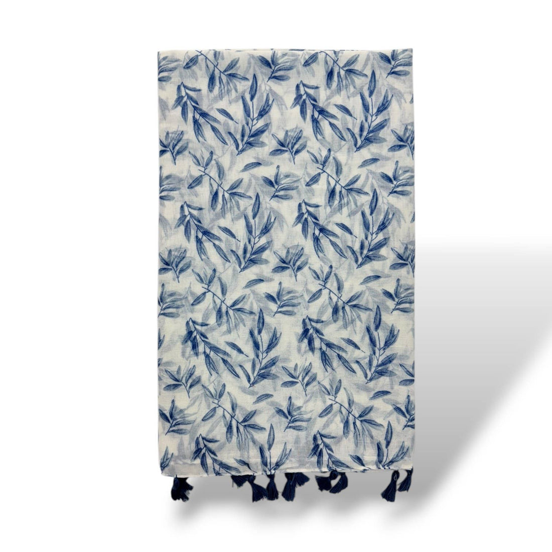 Blue Leaf Print Scarf with Tassels