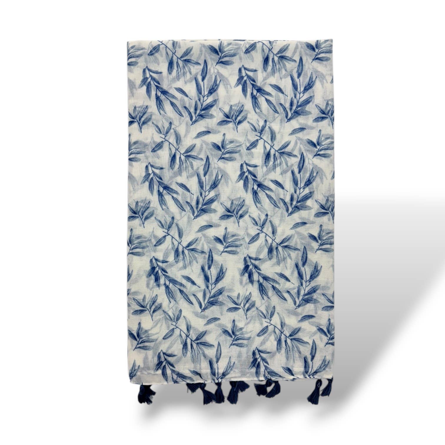 Blue Leaf Print Scarf with Tassels