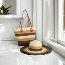 Load image into Gallery viewer, Straw Bag &amp; Hat Set Medium Size Stripe
