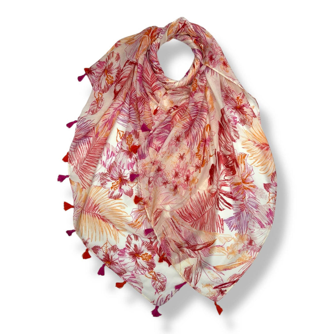 Tropical Leaf & Floral Print Tassel Scarf