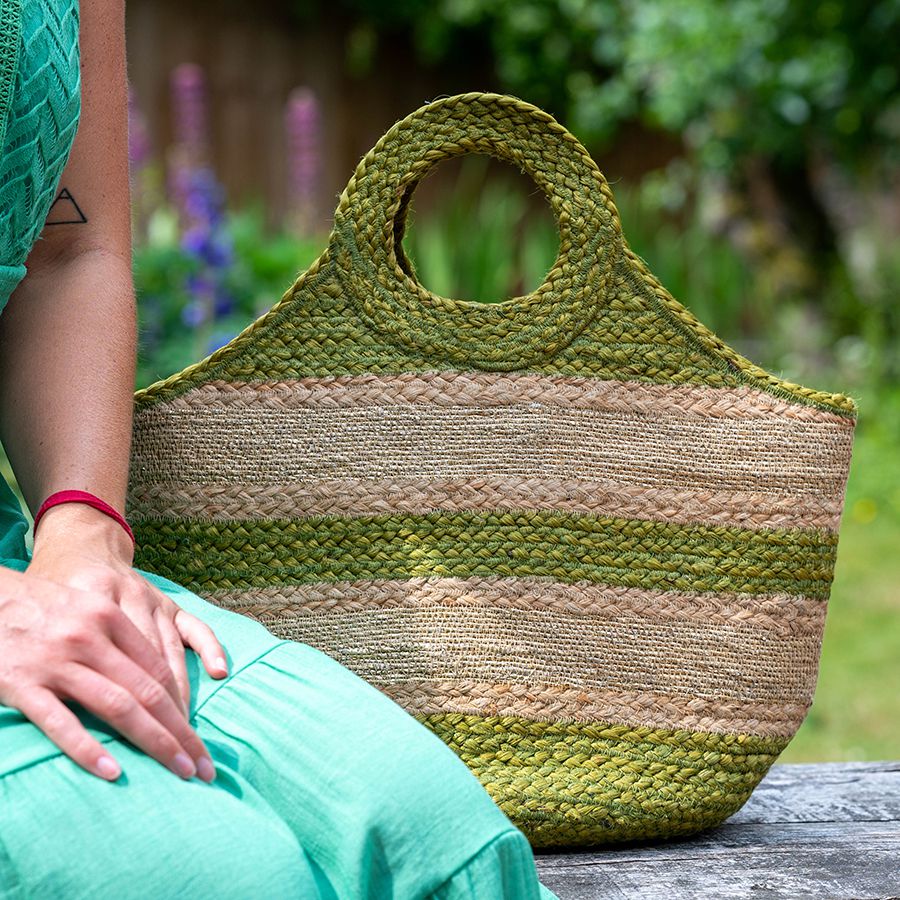 Lime Stripe Jute Round Handle Bag