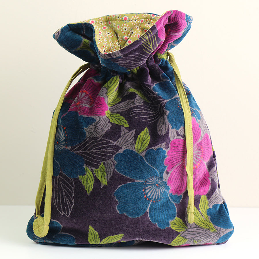Teal and plum mix printed velvet botanical draw string pouch