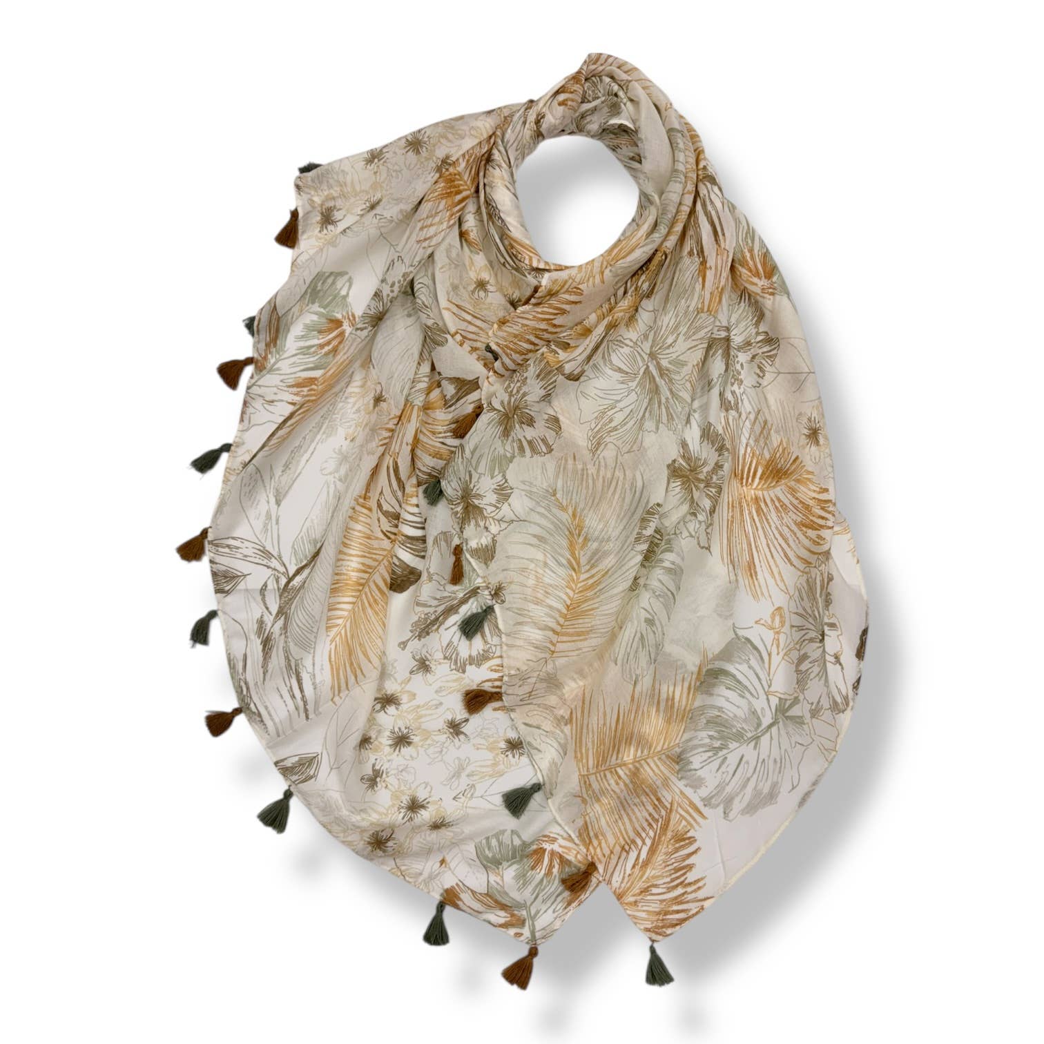 Tropical Leaf & Floral Print Tassel Scarf