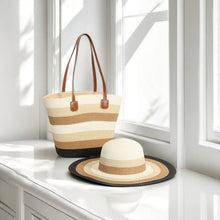 Load image into Gallery viewer, Straw Bag &amp; Hat Set Medium Size Stripe
