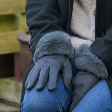 Load image into Gallery viewer, Dark grey faux suede and faux fur cuff gloves
