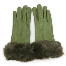 Load image into Gallery viewer, Olive faux suede and faux fur cuff gloves
