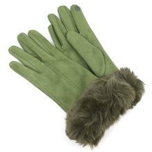 Load image into Gallery viewer, Olive faux suede and faux fur cuff gloves
