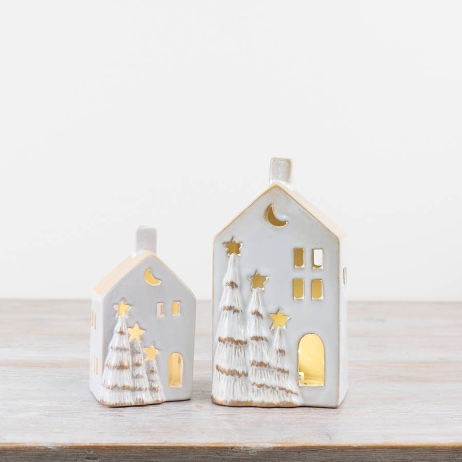 17cm LED Christmas House w/ Gold Trees