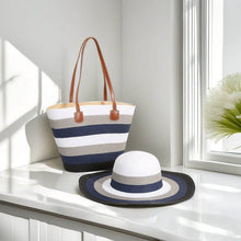 Load image into Gallery viewer, Straw Bag &amp; Hat Set Medium Size Stripe
