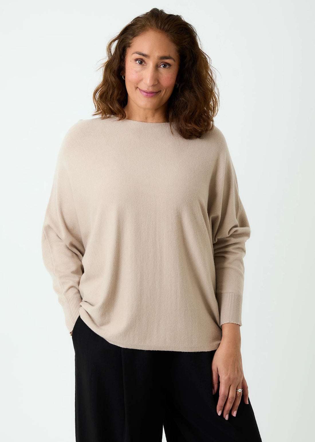 Cashmere Like Roll Trim Batwing Jumper