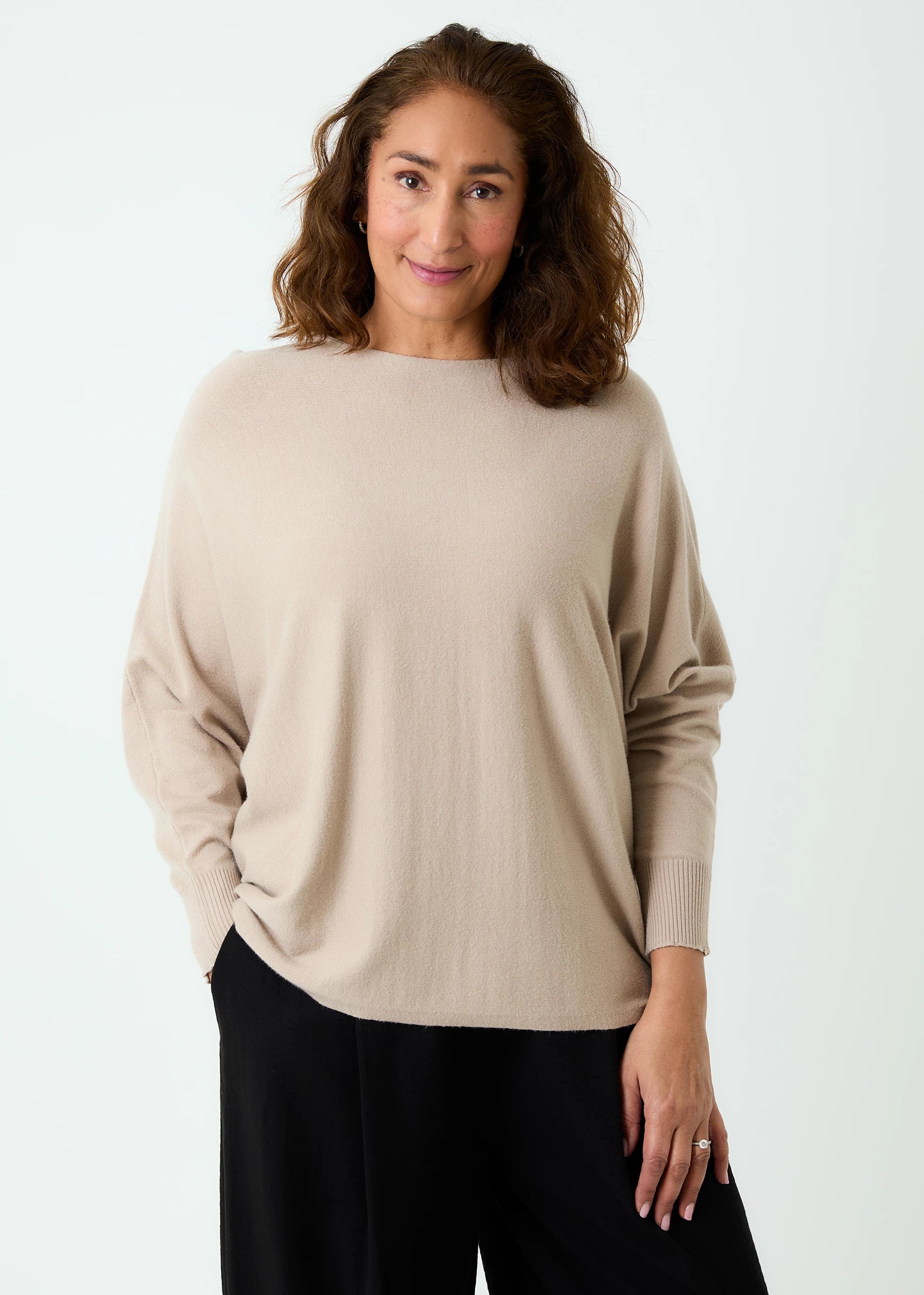 Cashmere Like Roll Trim Batwing Jumper