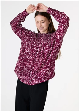 Mixed Ditsy Spot High Neck Shirred Blouse