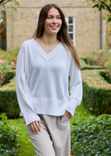 Load image into Gallery viewer, Cotton Mix Roll Edge v Neck Jumper
