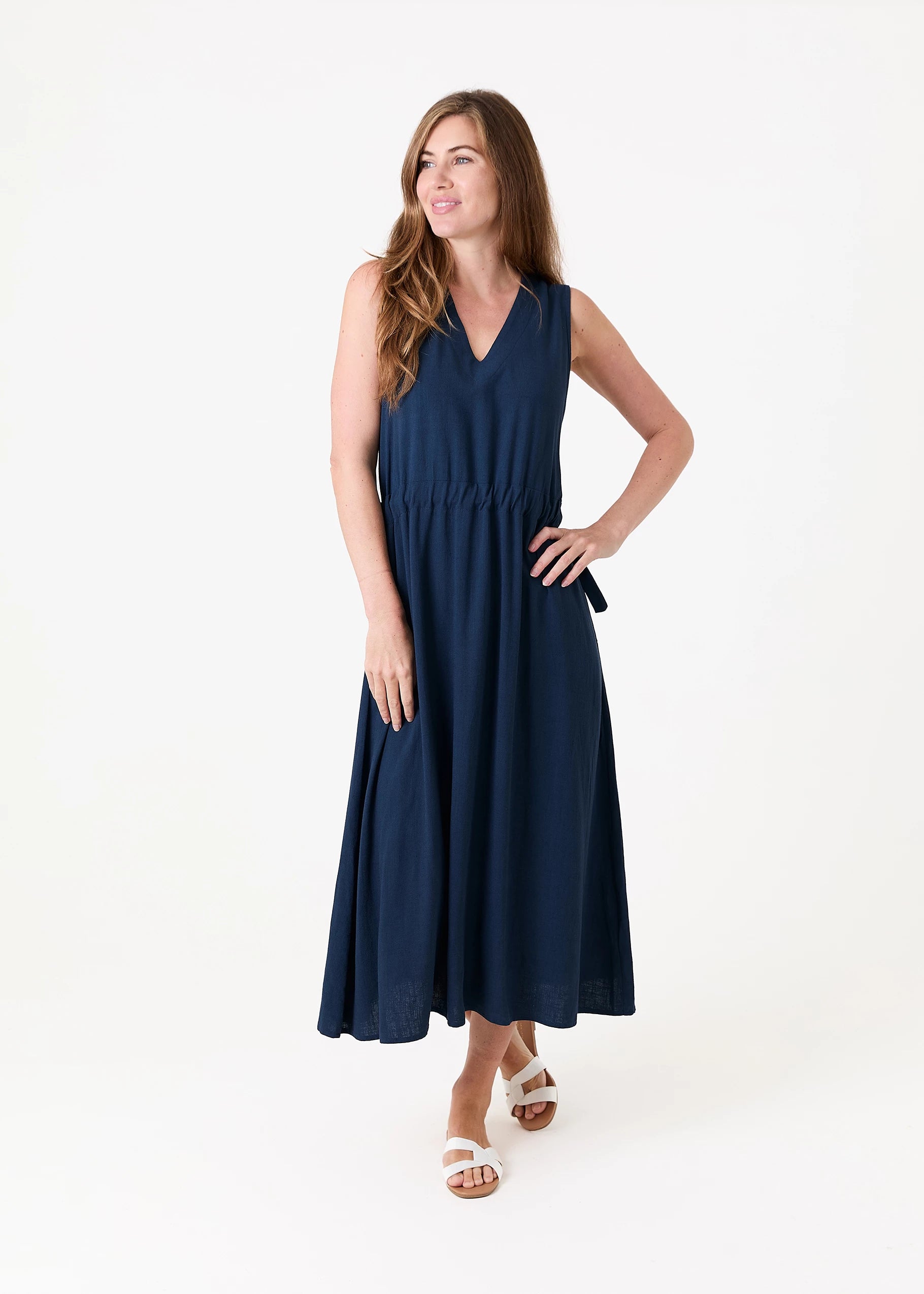 Linen Blend Sleeveless V Neck Drawstring Waist Dress