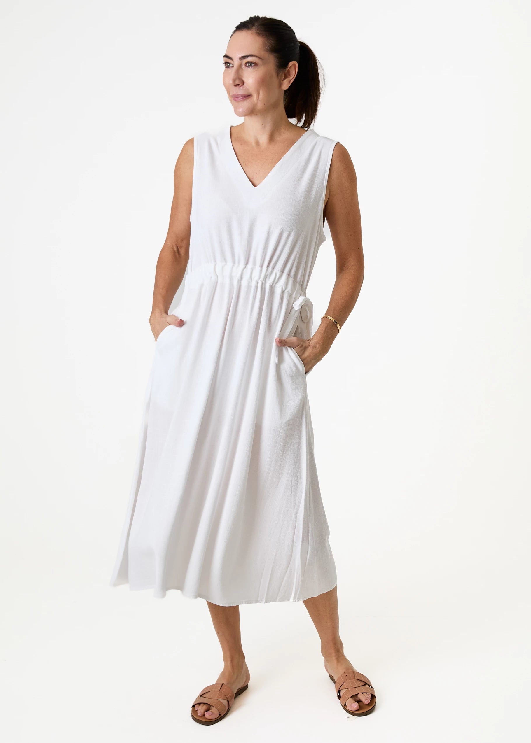 Linen Blend Sleeveless V Neck Drawstring Waist Dress
