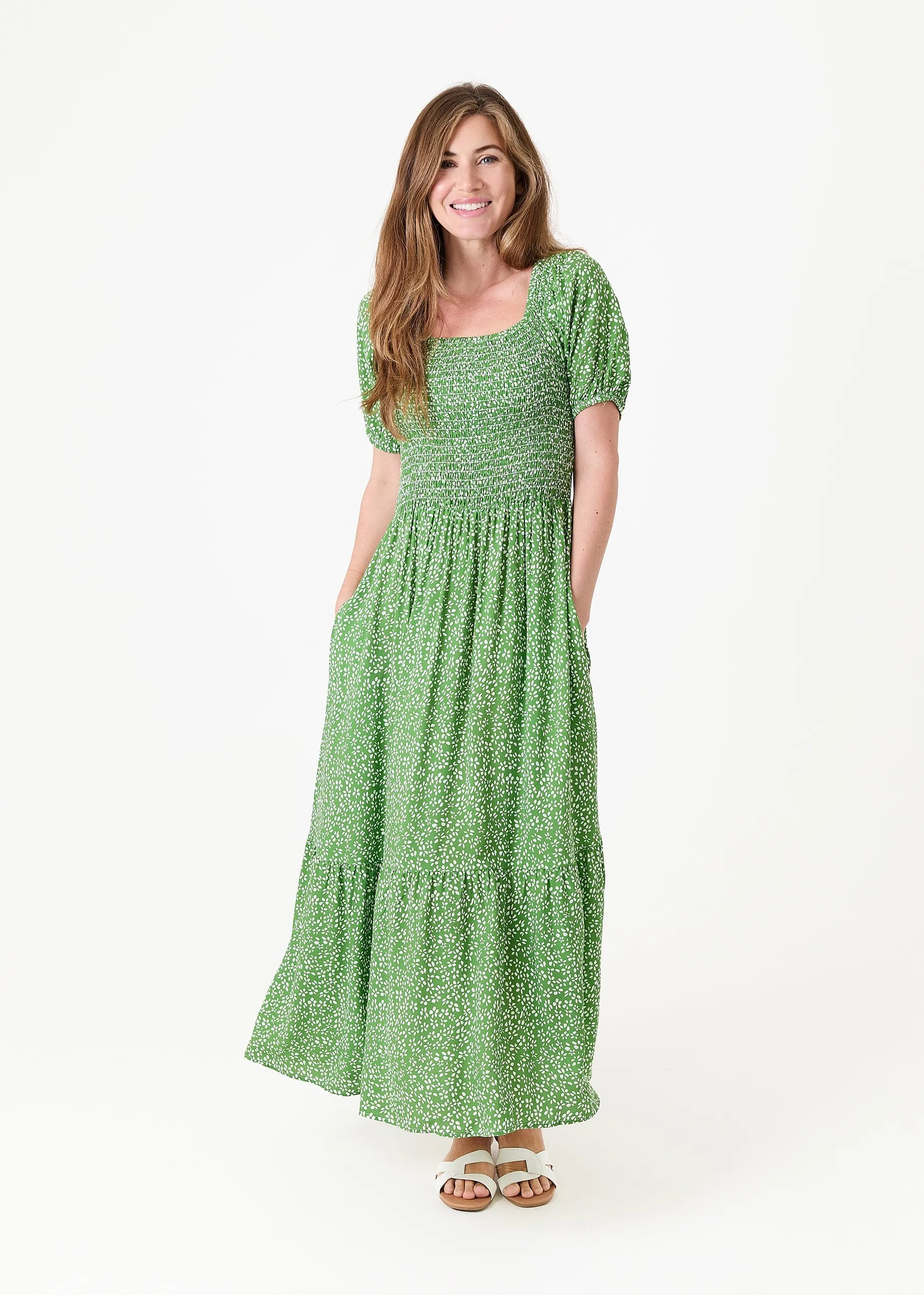 Mono Ditsy Shirred Bodice Maxi Dress