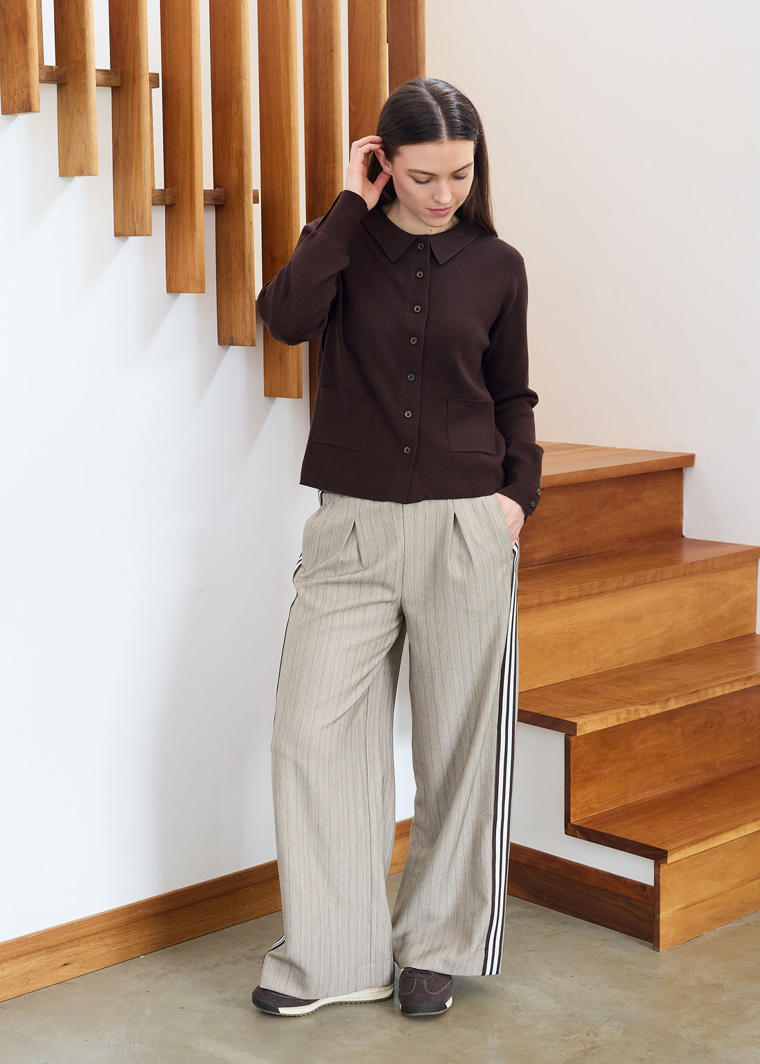 Pinstripe Pleat Front Wide Leg Trousers