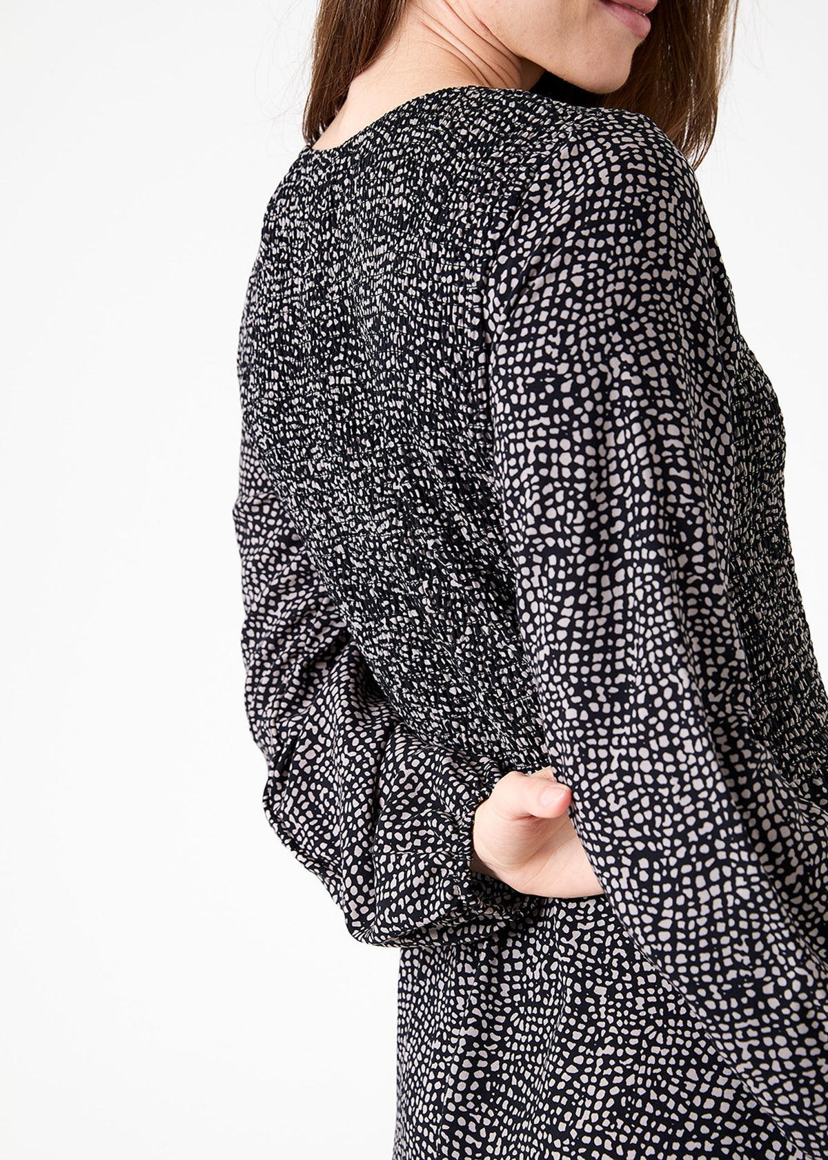 Cobbled Spot Long Sleeve Shirring Dress