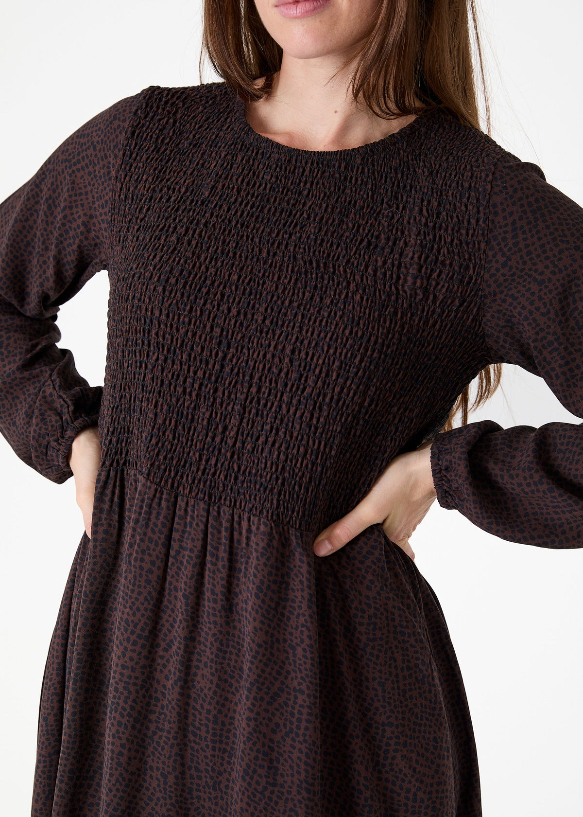 Cobbled Spot Long Sleeve Shirring Dress
